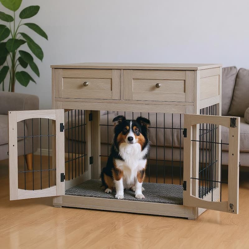 3-Doors Dog Crate Furniture, with 2 Drawers - Grey - L