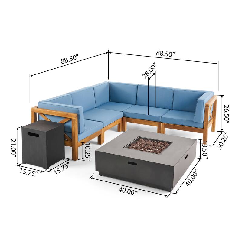 Culatra Outdoor Acacia Wood 5 Seater Sectional Sofa Set with Fire Pit by Christopher Knight Home