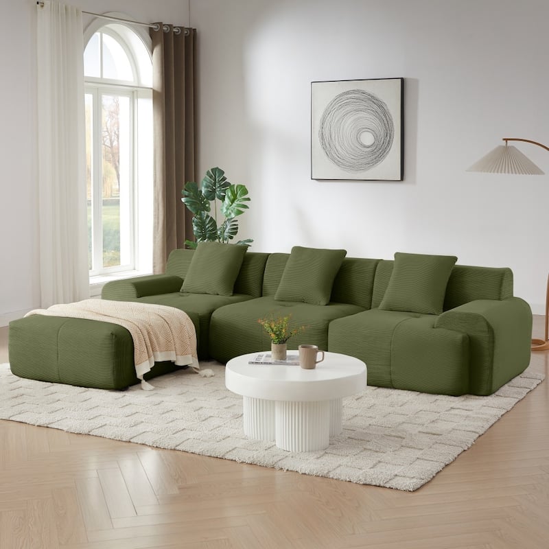 113" Modern L-Shaped Corduroy Upholstery Modular Sectional Sofa with Deep Seat and Movable Ottoman