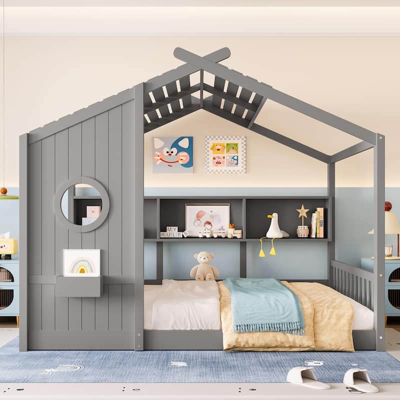 Montessori Floor House Bed for Toddler with Storage Shelf, Playhouse Design - Grey - Full