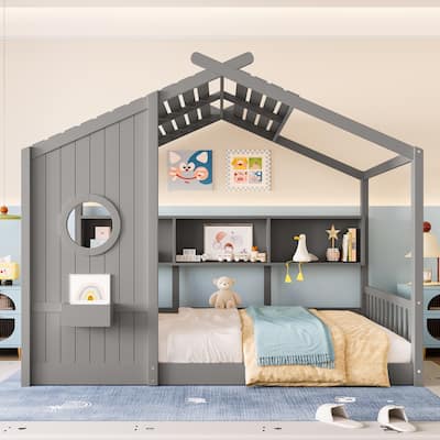 Roomfitters Full Size Floor House Bed with Storage Shelf and Roof Design, Montessori Playhouse Bed