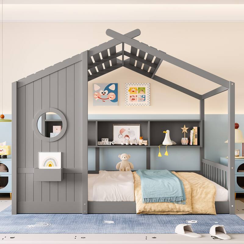 Wooden Kids Montessori Bed, Floor Playhouse Bed for Toddler, House Shaped Platform Bed Frame with Storage Shelves and Roof