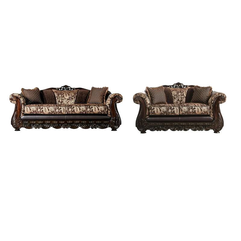 Delie 2pc Sofa Loveseat Set, Brown Gold Chenille, 4 Accent Pillows