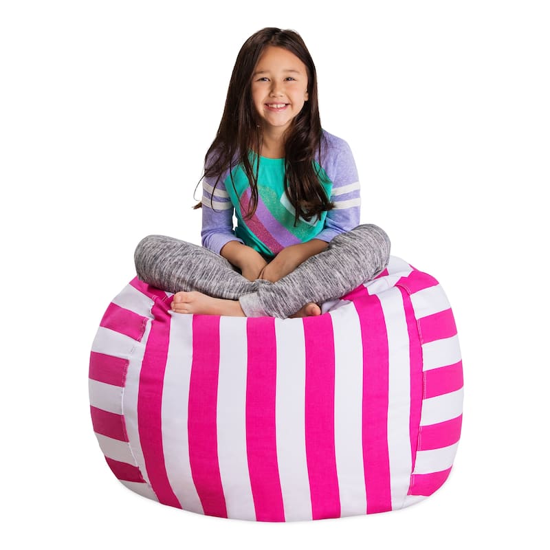 Kids' Stuffed Animal Storage Bean Bag Chair Cover or Toy Organizer - 38 Inches Large - Canvas Stripes Pink and White