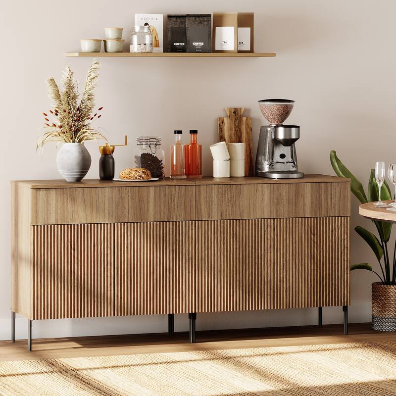 31.5" Wooden Reeded Sideboard With Doors And Drawer, Modern Credenza Storage Cabinet