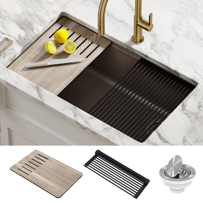 KRAUS Bellucci Workstation Undermount Granite Composite Kitchen Sink - 32" L x 19" W (sink KGUW2-33MBR) - Metallic Brown