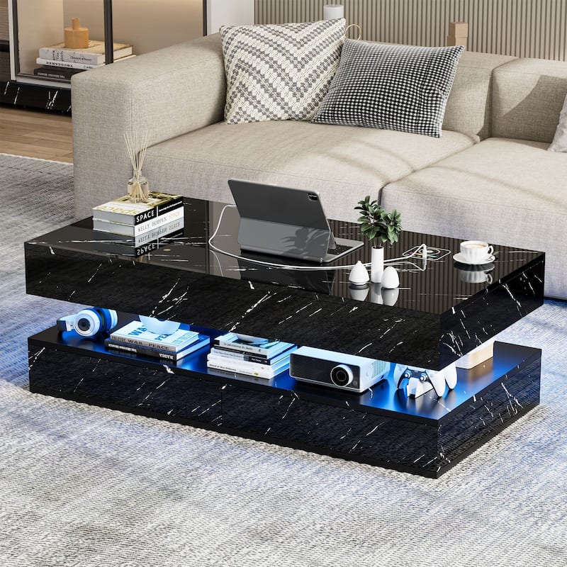 Smart LED Coffee Table 47.2" with Bluetooth Speaker & Wireless Charging, Modern White Marble Center Table - Black