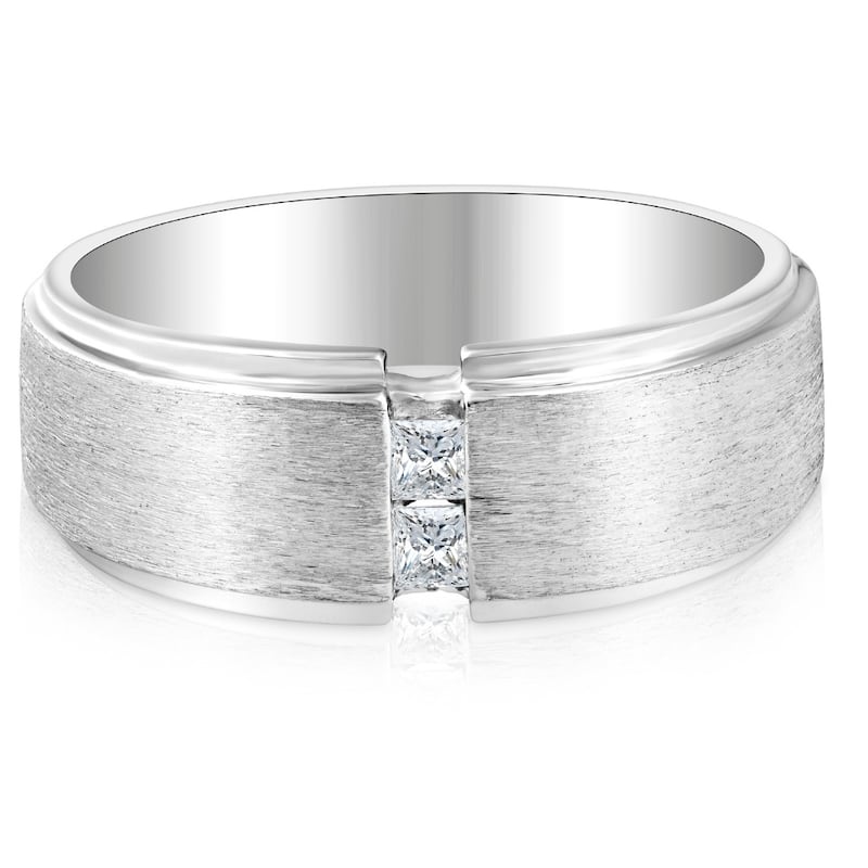 Mens White Gold Brushed Princess Cut Diamond Wedding Ring