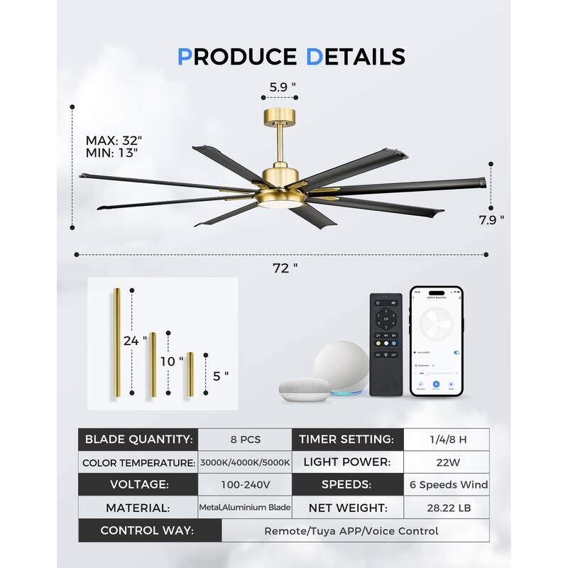 72/84/96 inch Aluminum Industrial Ceiling Fan with Integrated LED