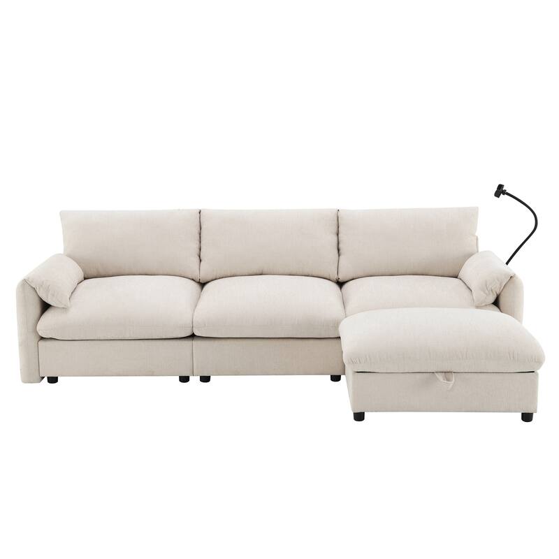 96.5" Chenille L-Shaped Sectional Sofa with Storage Ottoman, Adjustable Phone Holder, USB Charger and Armrest Storage Pockets