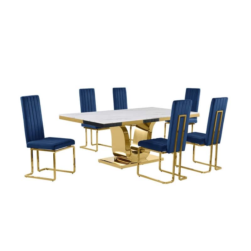 Best Quality Furniture D321-SC344-7 Dining Set with 78" White Marble Top
