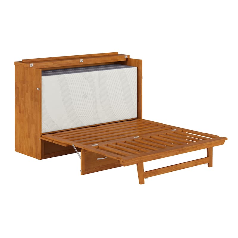 Northfield Queen Murphy Bed Chest with 6" Mattress, Storage Drawer & Built-In Charger in Light Toffee