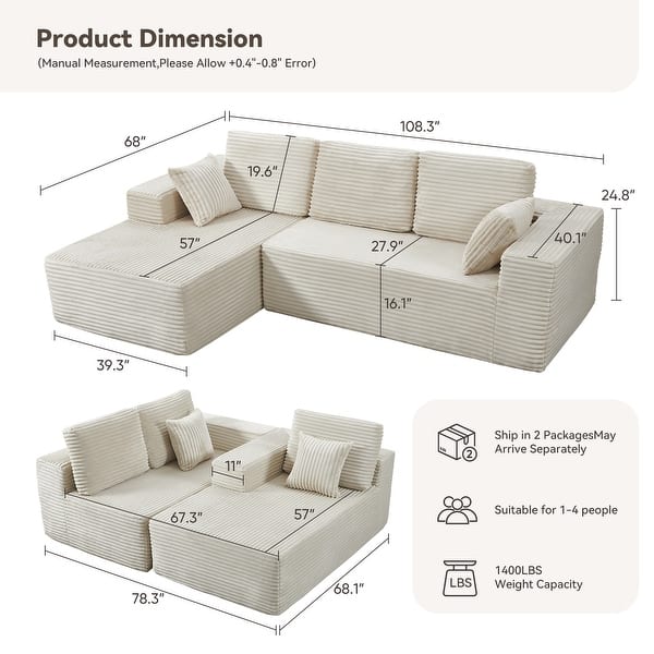 dimension image slide 1 of 2, Oversized Loveseat Chaise Lounge Chair Indoor Comfy Deep Seat Sleeper Couch - 1 Set