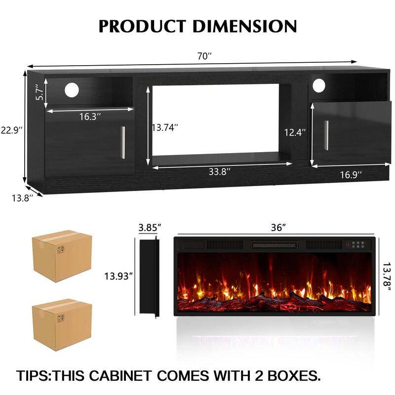 Bossin 70" Fireplace TV Stand with 36" Electric Fireplace, TV Stand for TVs Up to 80", 16 Colors LED Lights/Entertainment Center