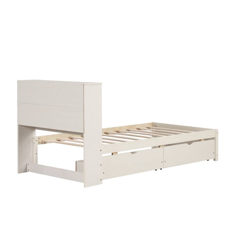 Modern Twin Size Bed Frame with USB Port, Bookcase Headboard & 2 Drawers in White Washed Finish