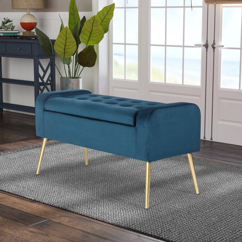 Adeco Upholstered Storage Ottoman Entryway Bench with Metal Legs