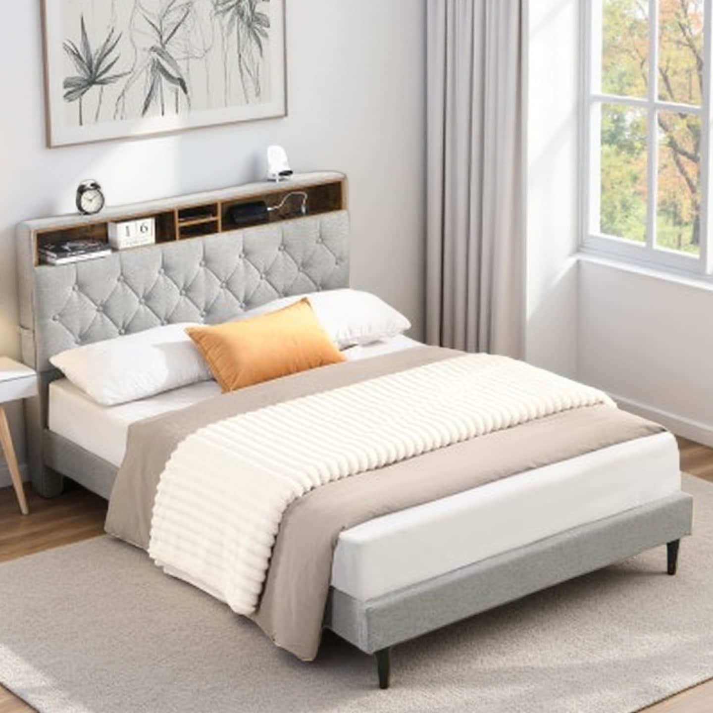 King Size Upholstered Platform Bed with Button-Tufted Linen Headboard, Built-In USB Charging Ports, Storage Pockets