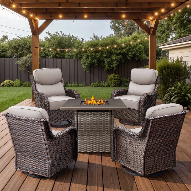 Arcadia 5-Piece Patio Conversation Set with 4 Swivel Glider Chairs and Wicker Square Fire Pit