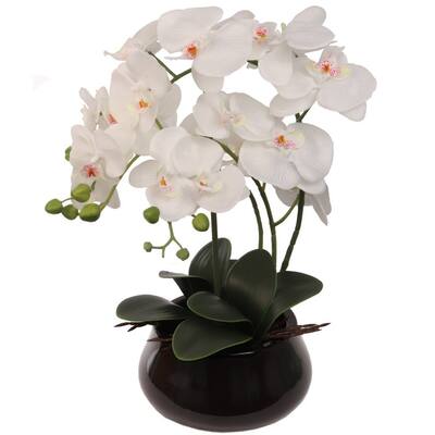 White Orchid Flower Arrangement In Vase 18 Inch 19 Flowers - Black Pot