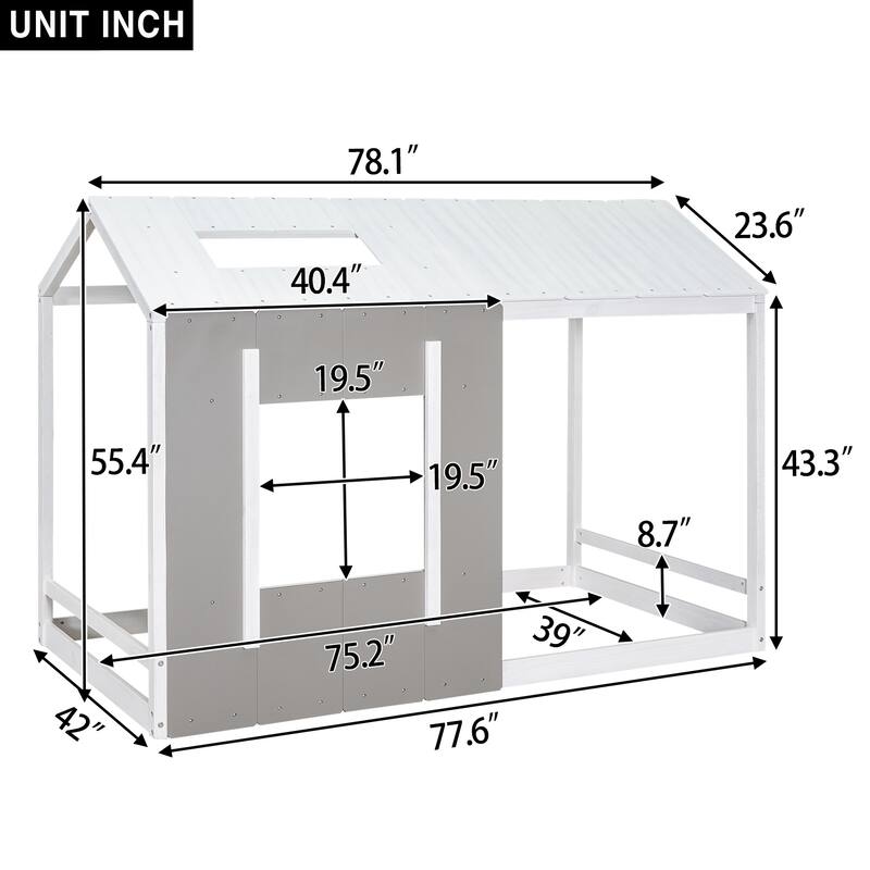 Roomfitters Twin Size House Platform Bed with Roof and Window Design