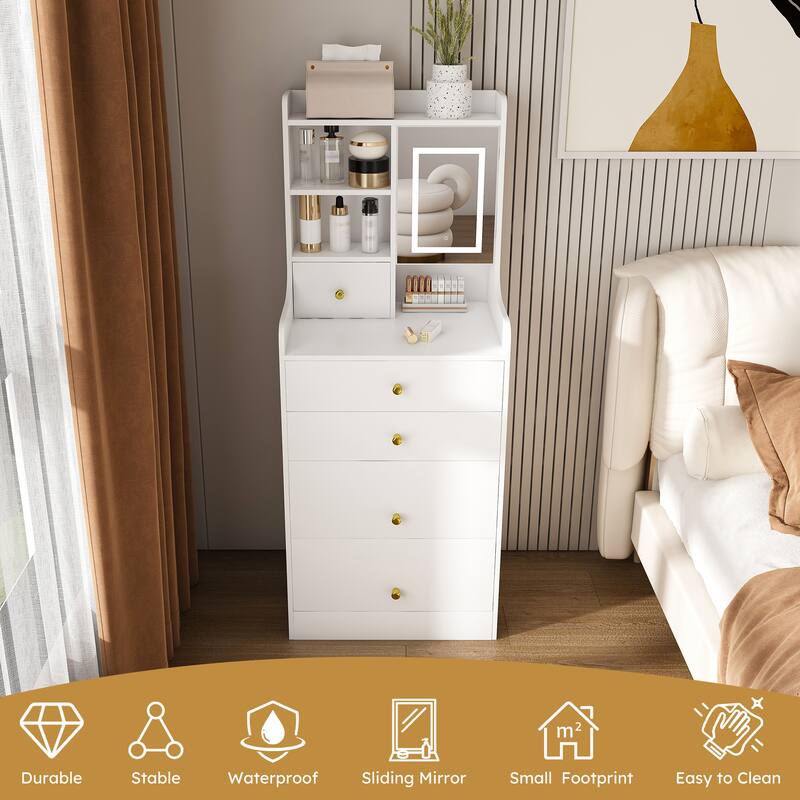3-in-1 Dressing Table with LED Mirror & Storage Stool - Compact Makeup Vanity with 4 Drawers, Storage Cabinet & Hidden Stool