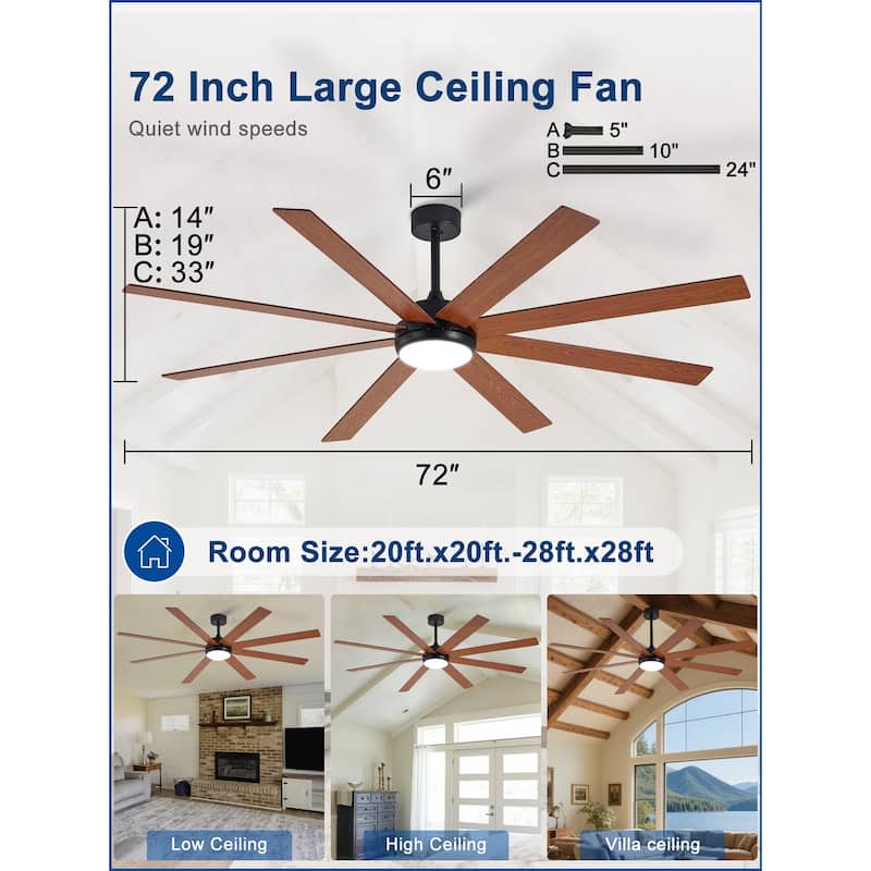 Large Ceiling Fan with Light - 8-Blade, Remote App Control, Dimmable 3CCT, Quiet DC Motor​, 66/72 Inches
