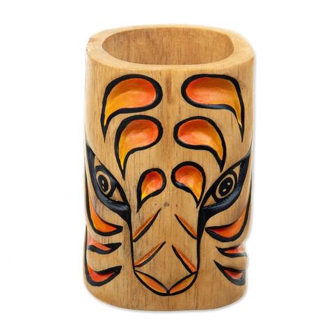 Novica Handmade Jaguar Gaze Wood Pen Holder