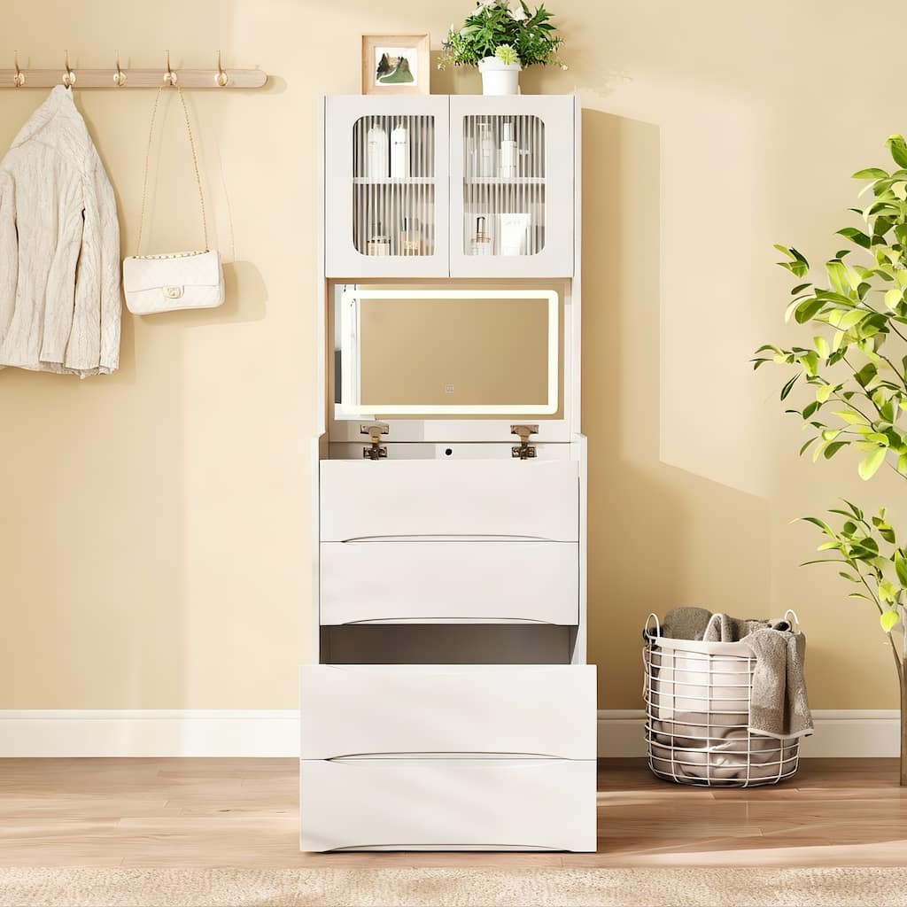 Roomfitters Flip Top Vanity Table with Storage Stool, Makeup Desk Nightstand with Adjustable Lighting, White