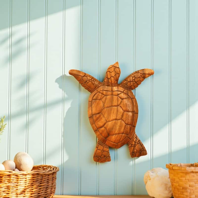 12" Wooden Tortoise Turtle Wall Hanging Home Decor Sculpture Statue Hand Carved Figurine Handmade Seaside Tropical Nautical