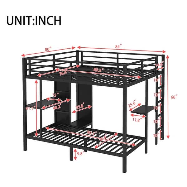 King Over Twin XL Metal Bunk Bed with Integrated Desk and Wardrobe, Space Saving Frame with Storage Shelves
