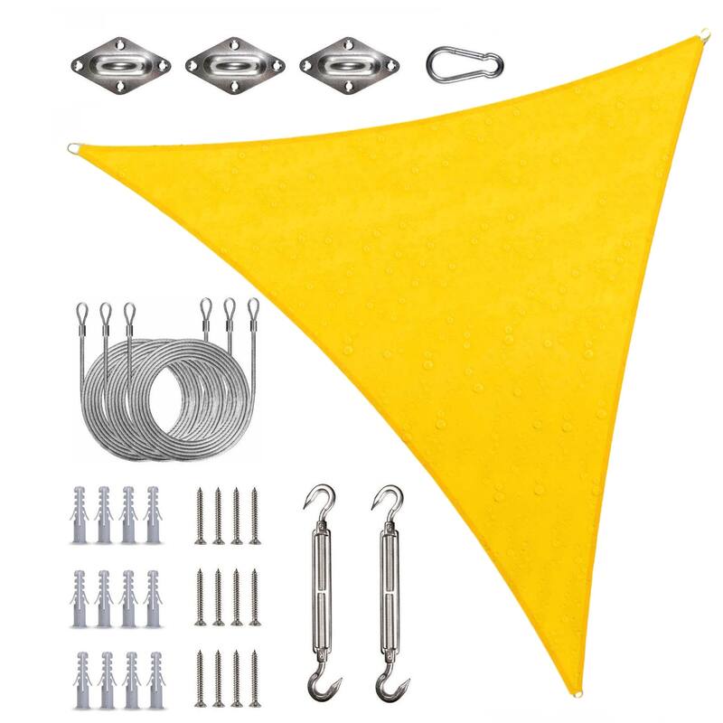 ColourTreeUSA Waterproof Triangle Sun Shade Sail w/Hardware Installation Kit + Cable Ropes UV Block 220 GSM - 16' x 16' x 16' - Yellow