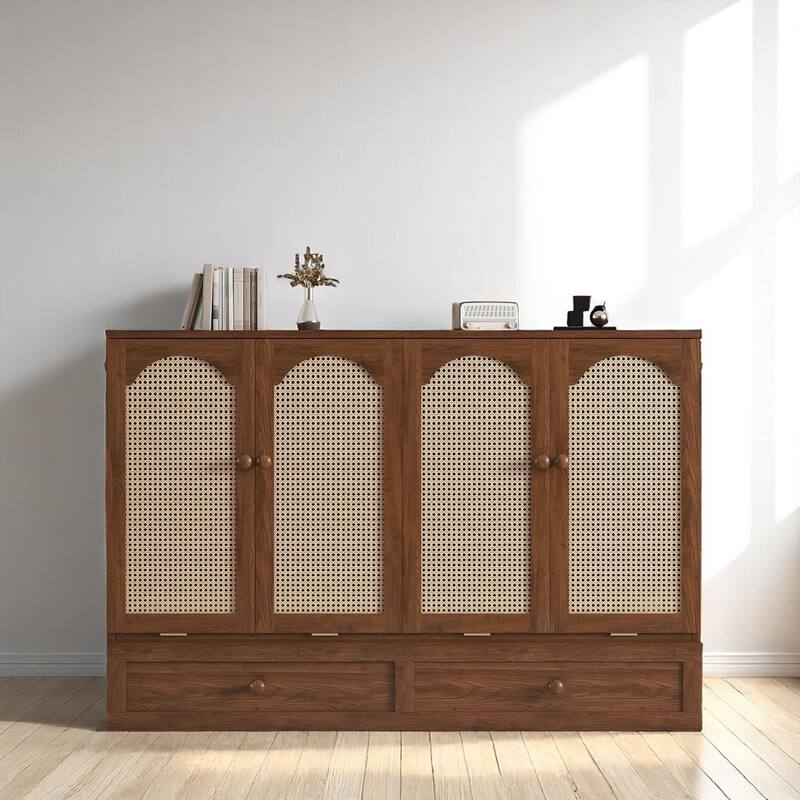Space-Saving Queen Murphy Bed with Rattan Decoration, Power Station & Large Drawer - Walnut - Queen