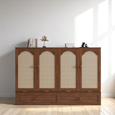 Space-Saving Queen Murphy Bed with Rattan Decoration, Power Station & Large Drawer