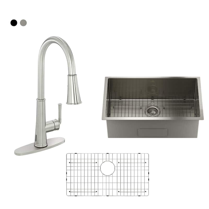Stainless Steel 32 in. Single Bowl Undermount Kitchen Sink with Infrared Sensor Pull Down Kitchen Faucet - Silver