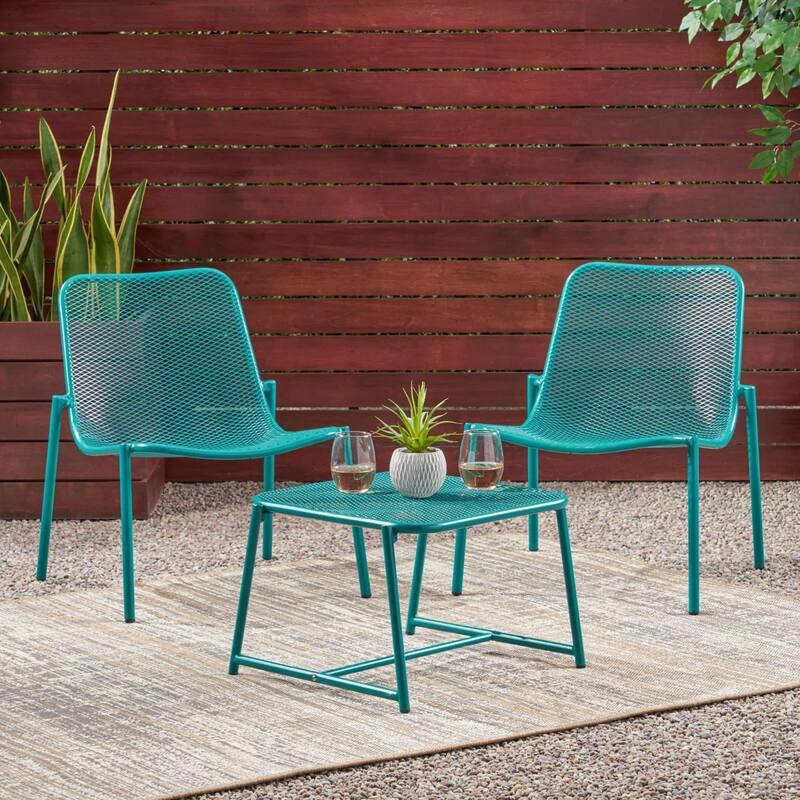 Roomfitters 3 Piece Outdoor Iron Patio Seating Group with Glass Top Side Table