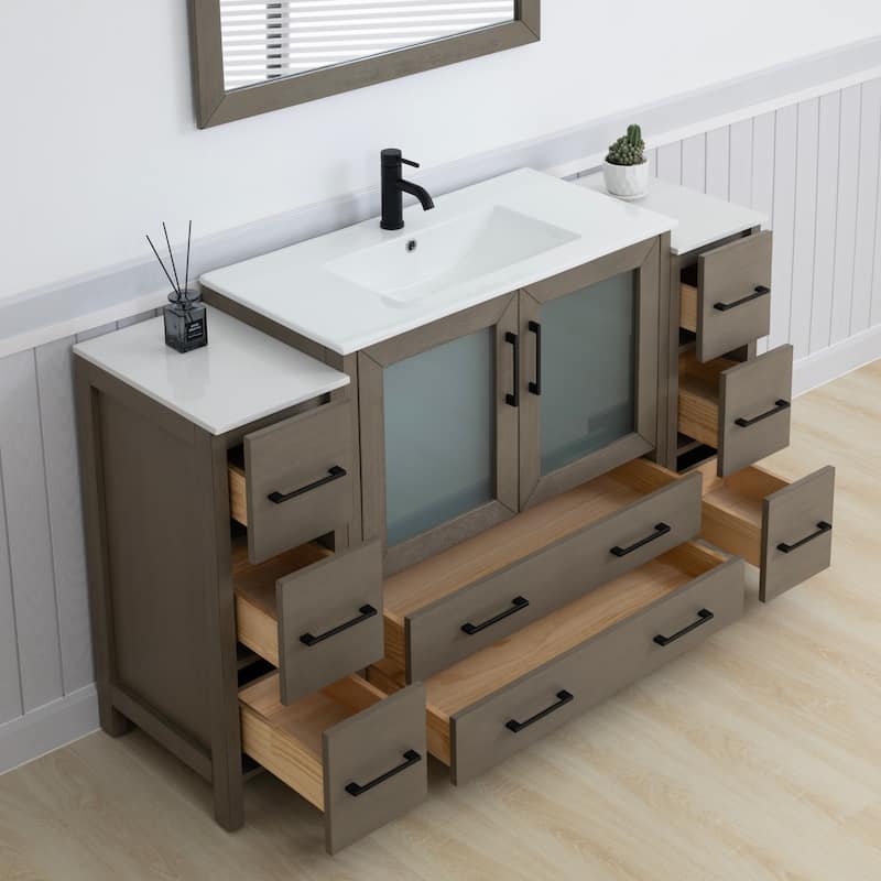 Vanity Art 60-Inch Single Sink Bathroom Vanity Set 8 Dove-Tailed Drawers 3 Cabinets 1 Shelf Soft-Closing Doors with Free Mirror