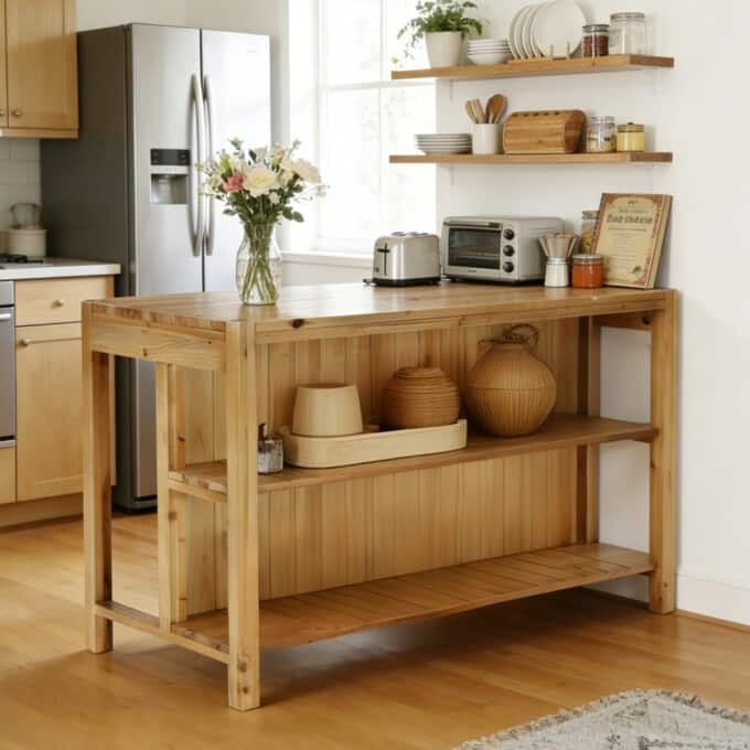 59.05" Solid Wood Farmhouse Kitchen Island with Open Storage Shelves