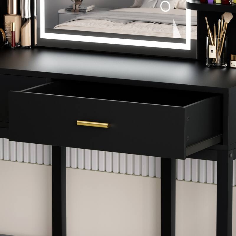 Modern Vanity Desk with LED Mirror, Makeup Table with Storage Drawers and Shelves - N/A
