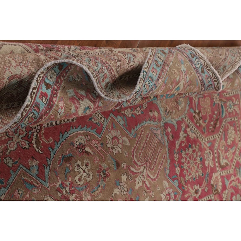 Pink Distressed Tabriz Persian Vintage Area Rug Handmade Wool Carpet - 9'9" x 12'11"