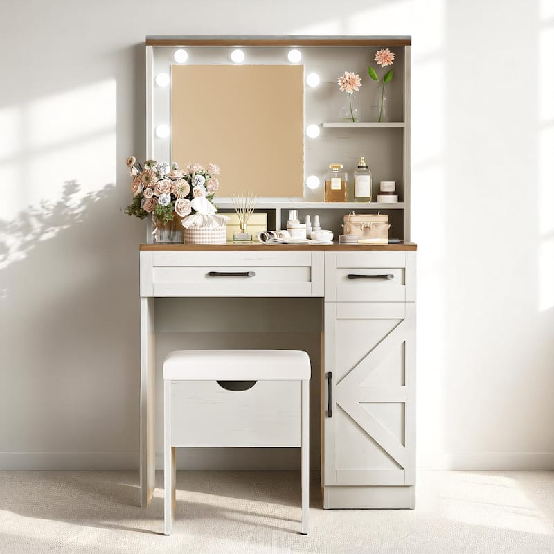 White Farmhouse Makeup Vanity with Mirror Lights, 3 Modes, Adjustable Shelves, Drawers & Storage Stool - White