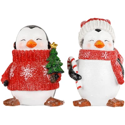 Glittered Penguins with Sweater and Scarf Christmas Figurines - 6" - Set of 2