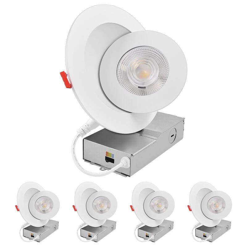 LUXRITE 6 Inch Gimbal LED Recessed Light J-Box 5CCT Dimmable 15W 1000 Lumens Adjustable Downlight IC Rated ETL 4 Pack - Color Selectable 2700/3000/3500/4000/5000