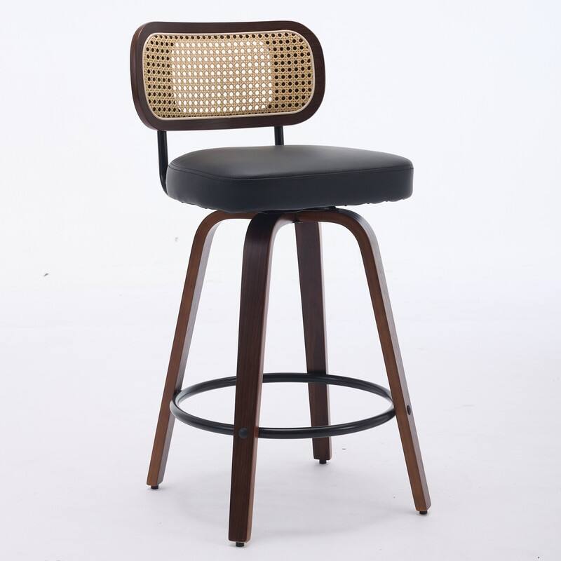 26" Swivel Rattan Bar Stools - Walnut Finish Counter Height Stools with Upholstered Seat