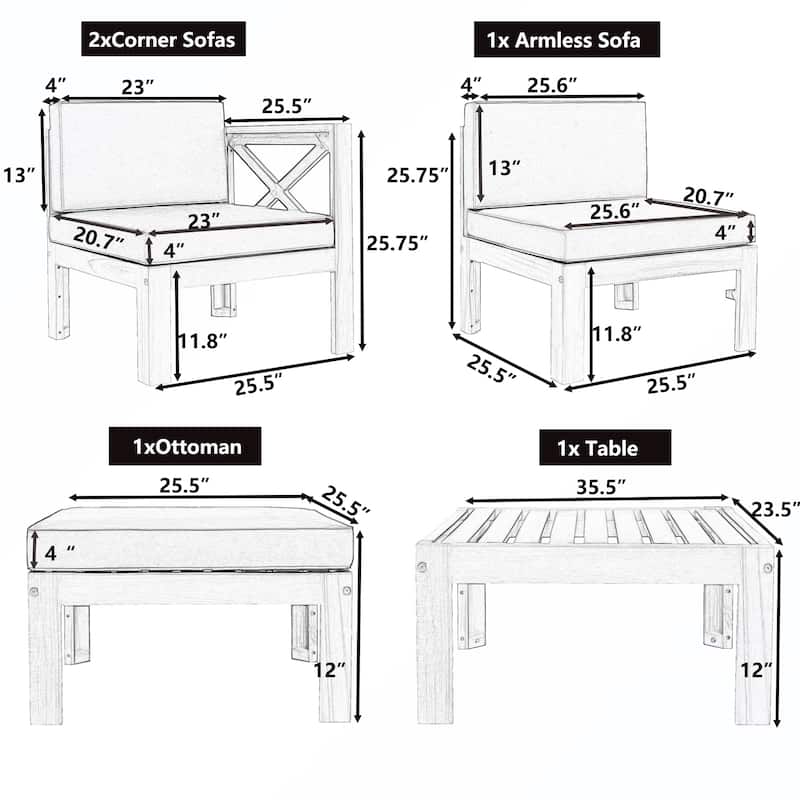 5PCS Wooden Sectional Sofa with Cushions