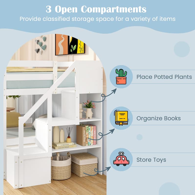 Solid Wood Twin Over Full Low Bunk Bed with Storage Stairs