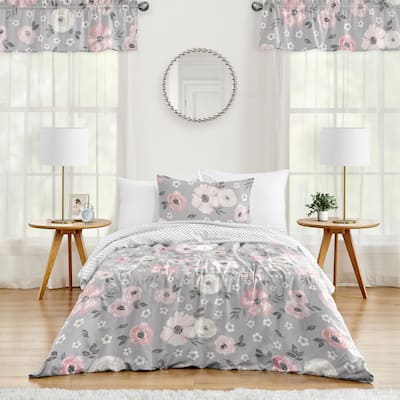 Grey Watercolor Floral Girl 2pc Twin-size Comforter Set - Blush Pink Gray White Shabby Chic Rose Flower Polka Dot Farmhouse