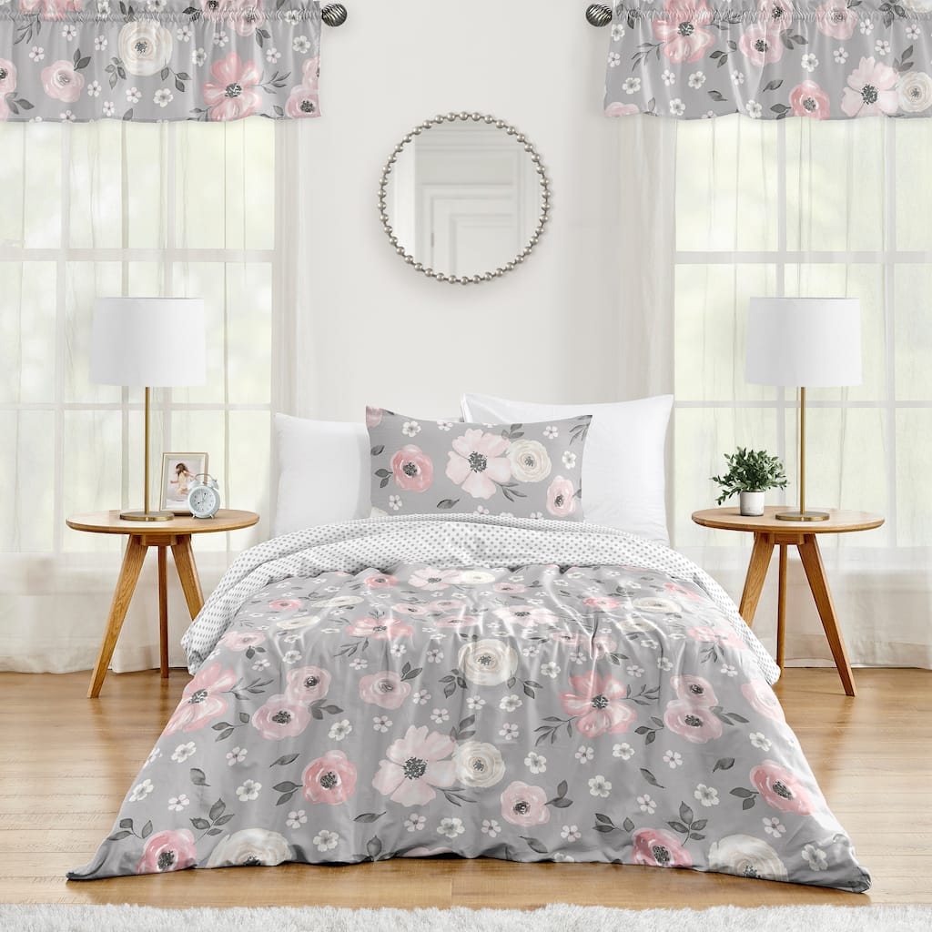 Grey Watercolor Floral Girl 2pc Twin-size Comforter Set - Blush Pink Gray White Shabby Chic Rose Flower Polka Dot Farmhouse