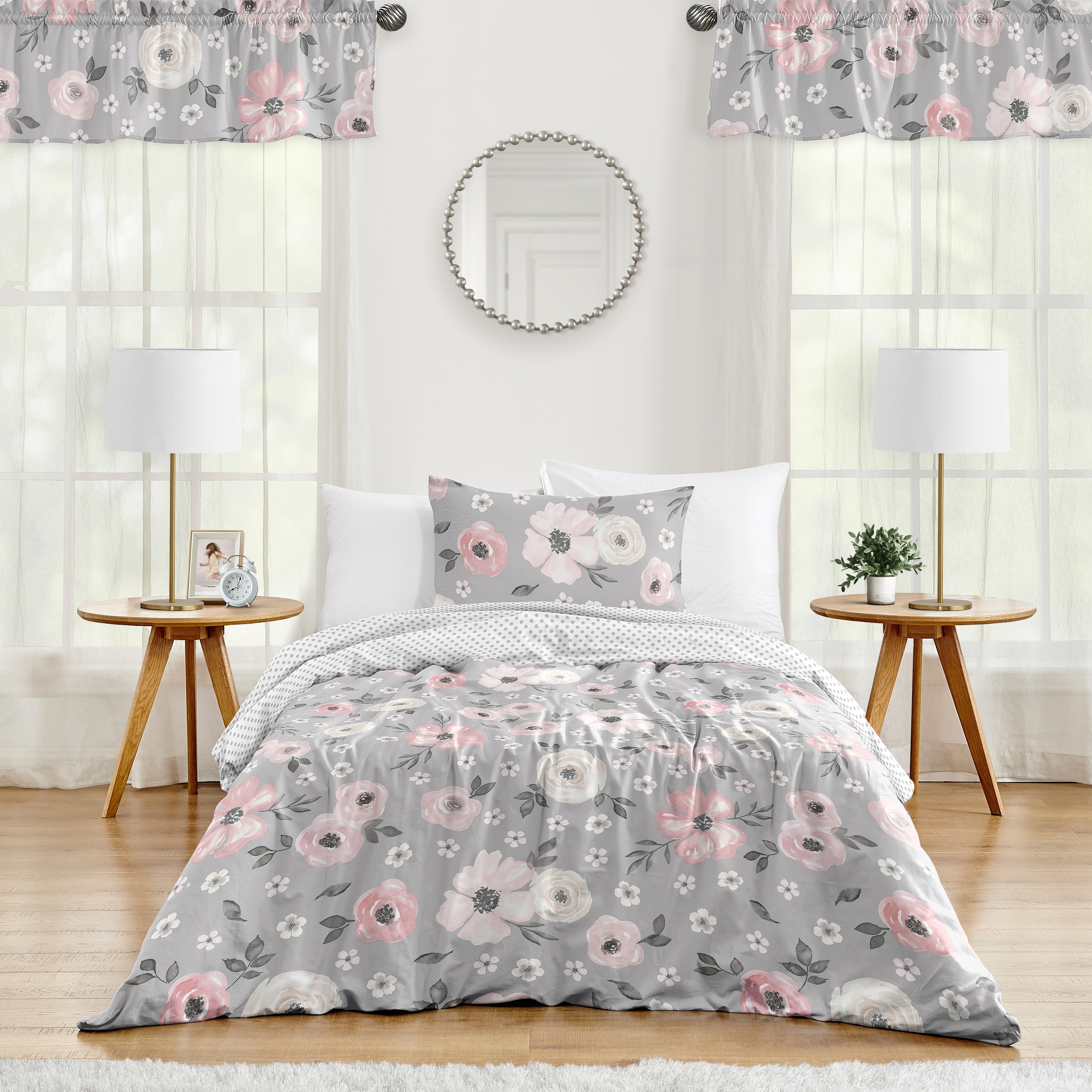 Grey Watercolor Floral Girl 2pc Twin-size Comforter Set - Blush Pink Gray White Shabby Chic Rose Flower Polka Dot Farmhouse