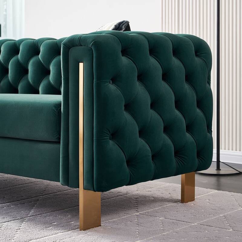 Chesterfield Tufted Velvet Couch with Gold Legs, Includes 2 Toss Pillows for Living Room