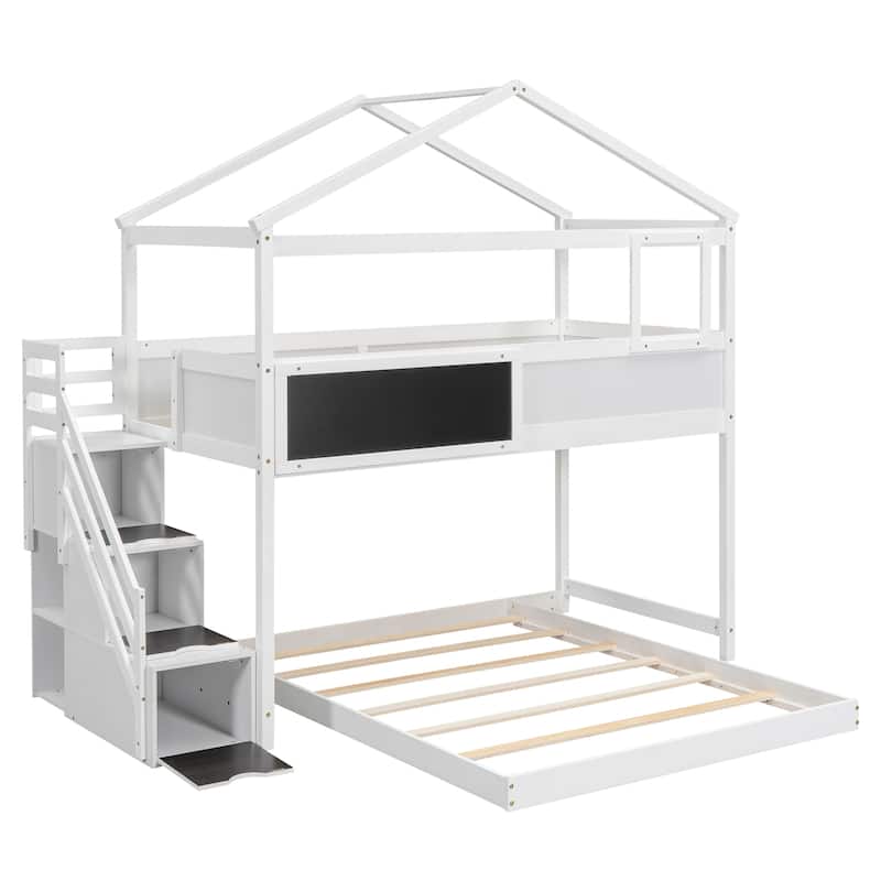 Twin Over Full House Bunk Bed With Storage Staircase And Blackboard